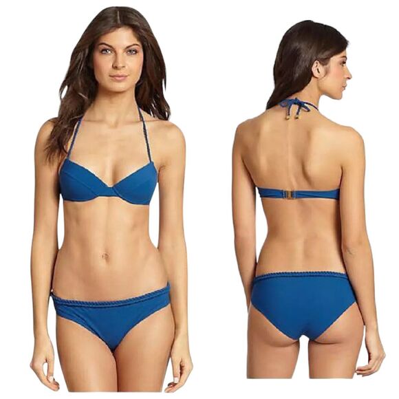 New CHLOE Bikini Swimsuit Size M/44 Rich Blue Push Up Braided waist triangle top - Picture 1 of 5